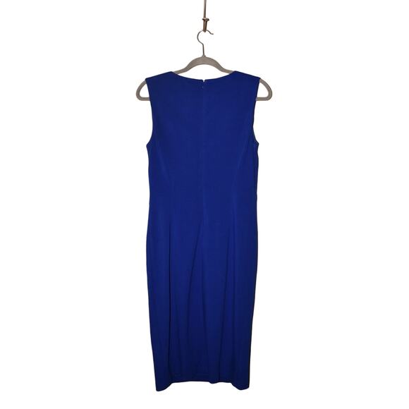 CACHE $188 Sleeveless V-Neck Midi Pencil Dress Buckle Accent Blue Size 10 - Picture 2 of 4